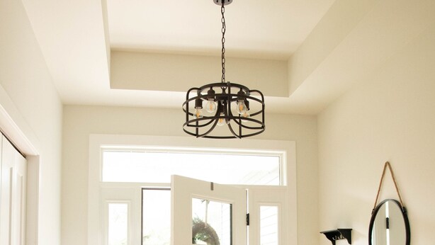 Un couloir avec un plancher en bois, une porte blanche, un lustre noir, une console en bois ornée d’une plante et un miroir accroché au mur.