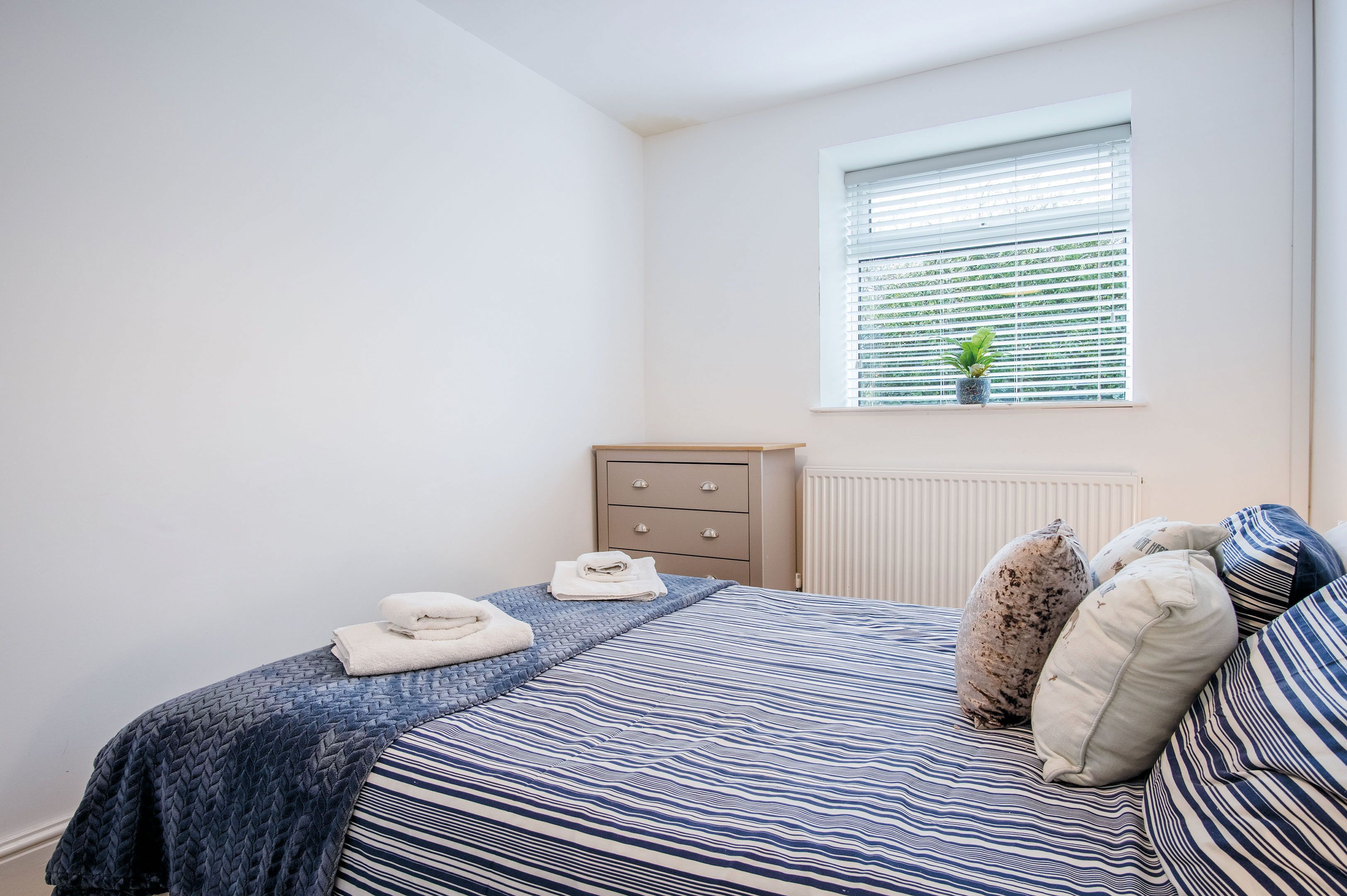 A bedroom with a bed, a window with blinds, a radiator, and a small plant.