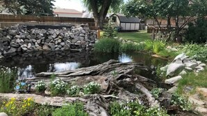A garden with a pond, stone wall, and wooden log. - Cabin #1 - Backyard Bunkhouse

 (Irwin)