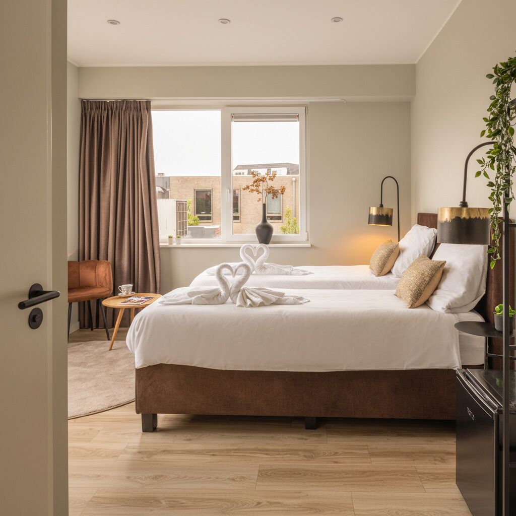 Cozy bedroom with box-spring bed and warm lighting – perfect stay in Raamsdonksveer near shops and restaurants.