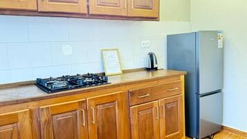 Fridge, microwave, stovetop, electric kettle