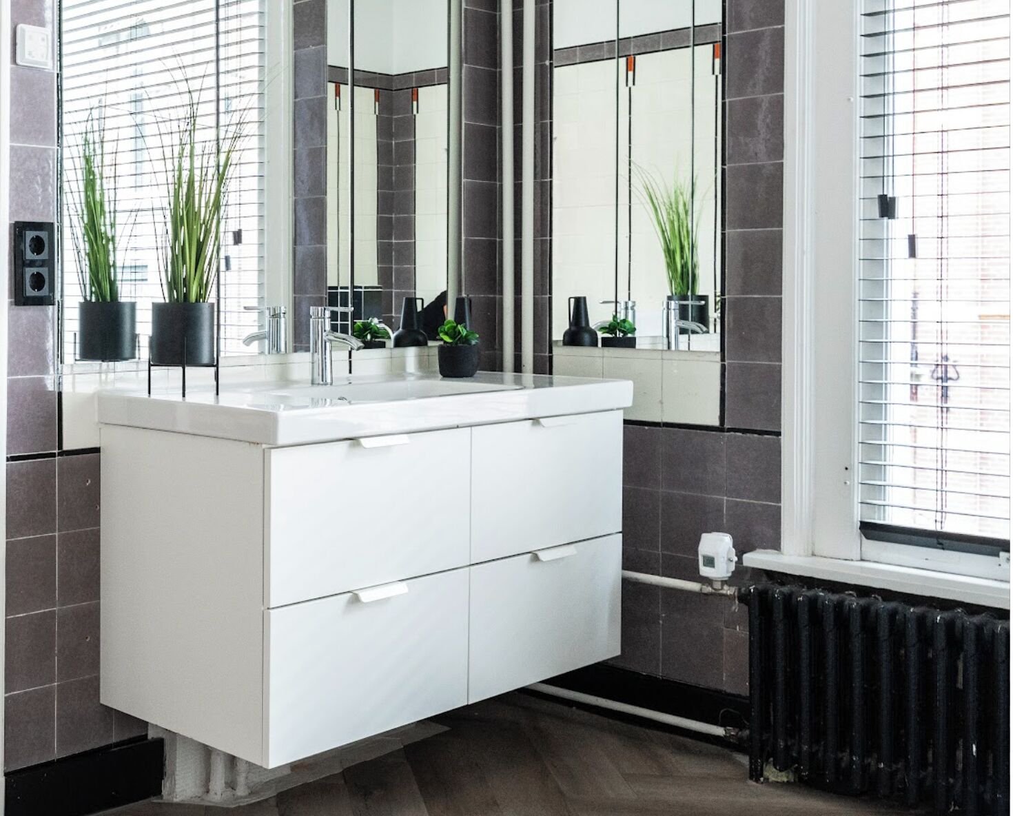 Une salle de bain moderne avec un meuble-lavabo blanc, deux vasques, un grand miroir et des plantes en pot.