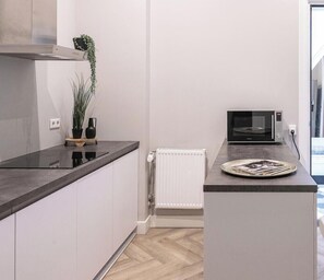 Fridge, microwave, oven, stovetop - First-floor suite, 35m2, ensuite bathroom with bath and rain shower. (Tilburg)