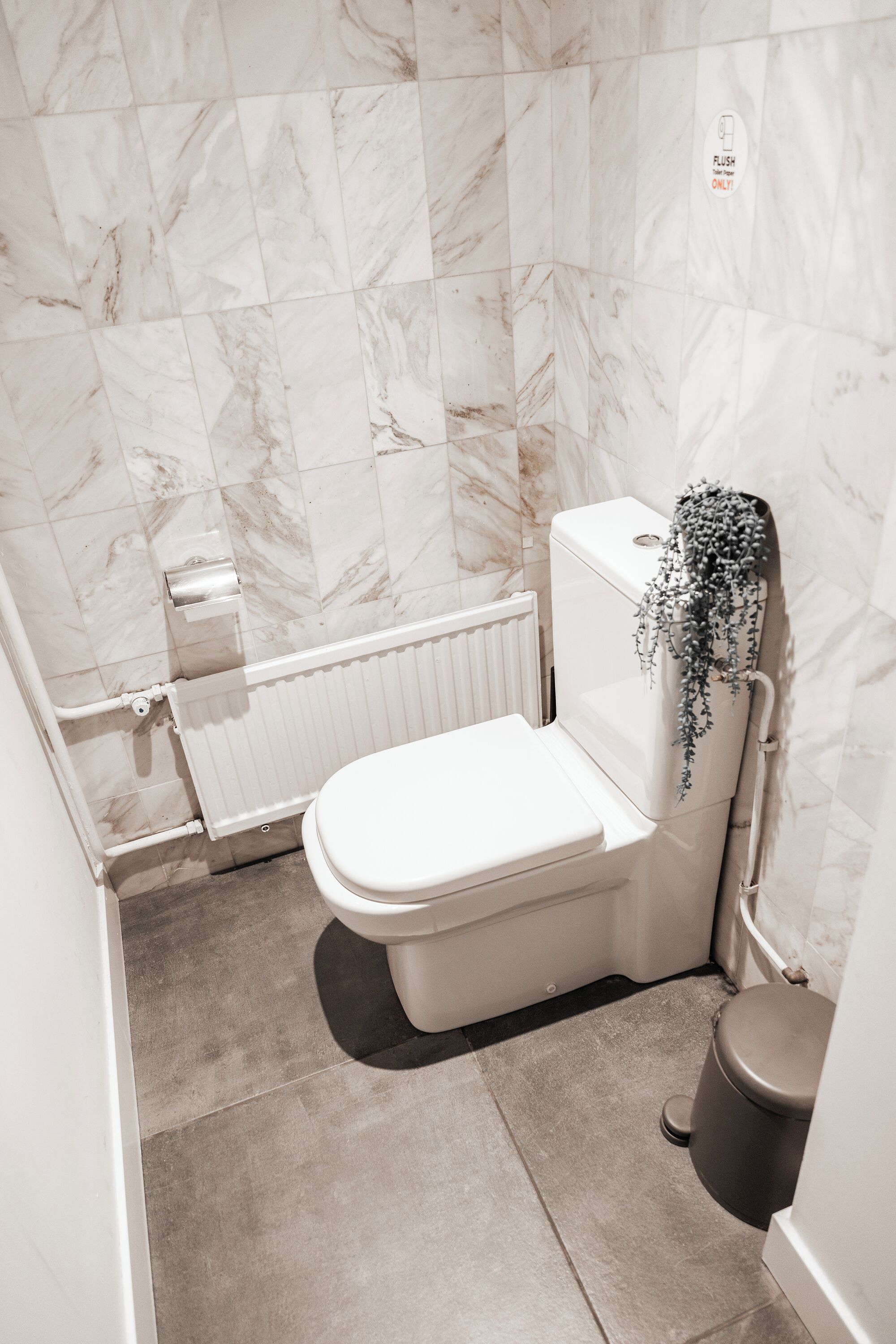 Un baño con inodoro, radiador y zona de ducha.