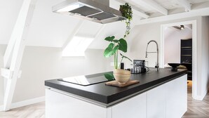 A modern kitchen with a black countertop, white cabinets, and a hanging plant.