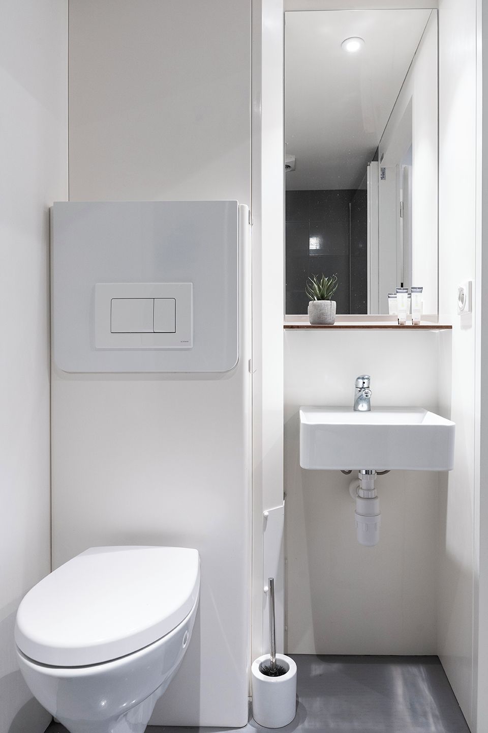 A modern bathroom with a white toilet, a sink, and a mirror.