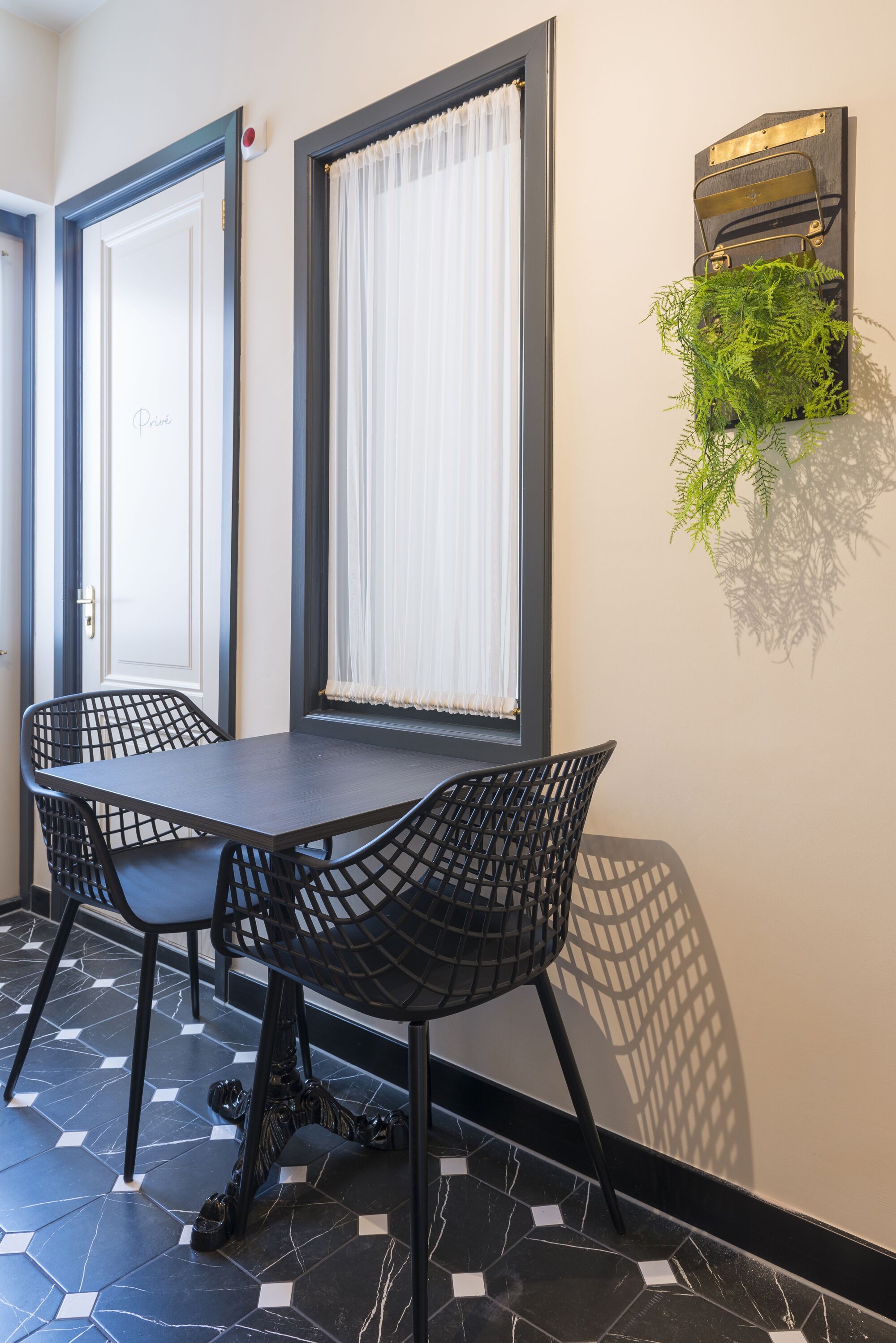 A room with a dark wooden table, two black chairs, a potted plant on the wall, and a window with white curtains.