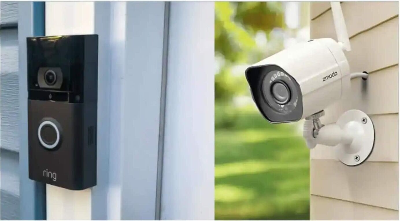 A security camera mounted on a door and another on a wall.