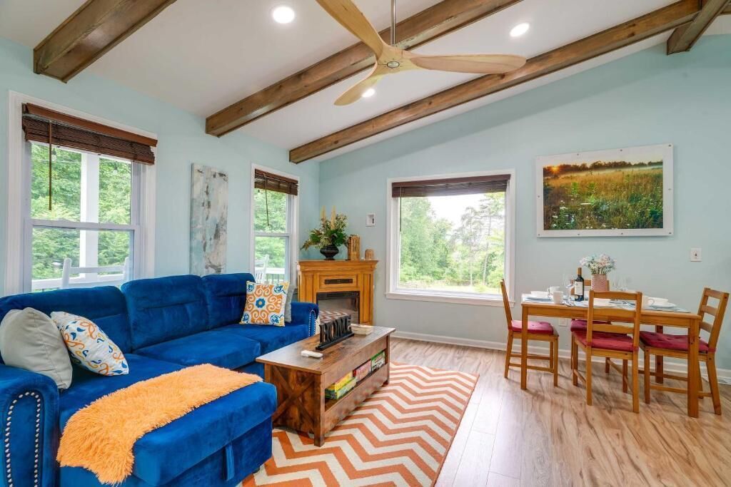 Smart TV, fireplace, books