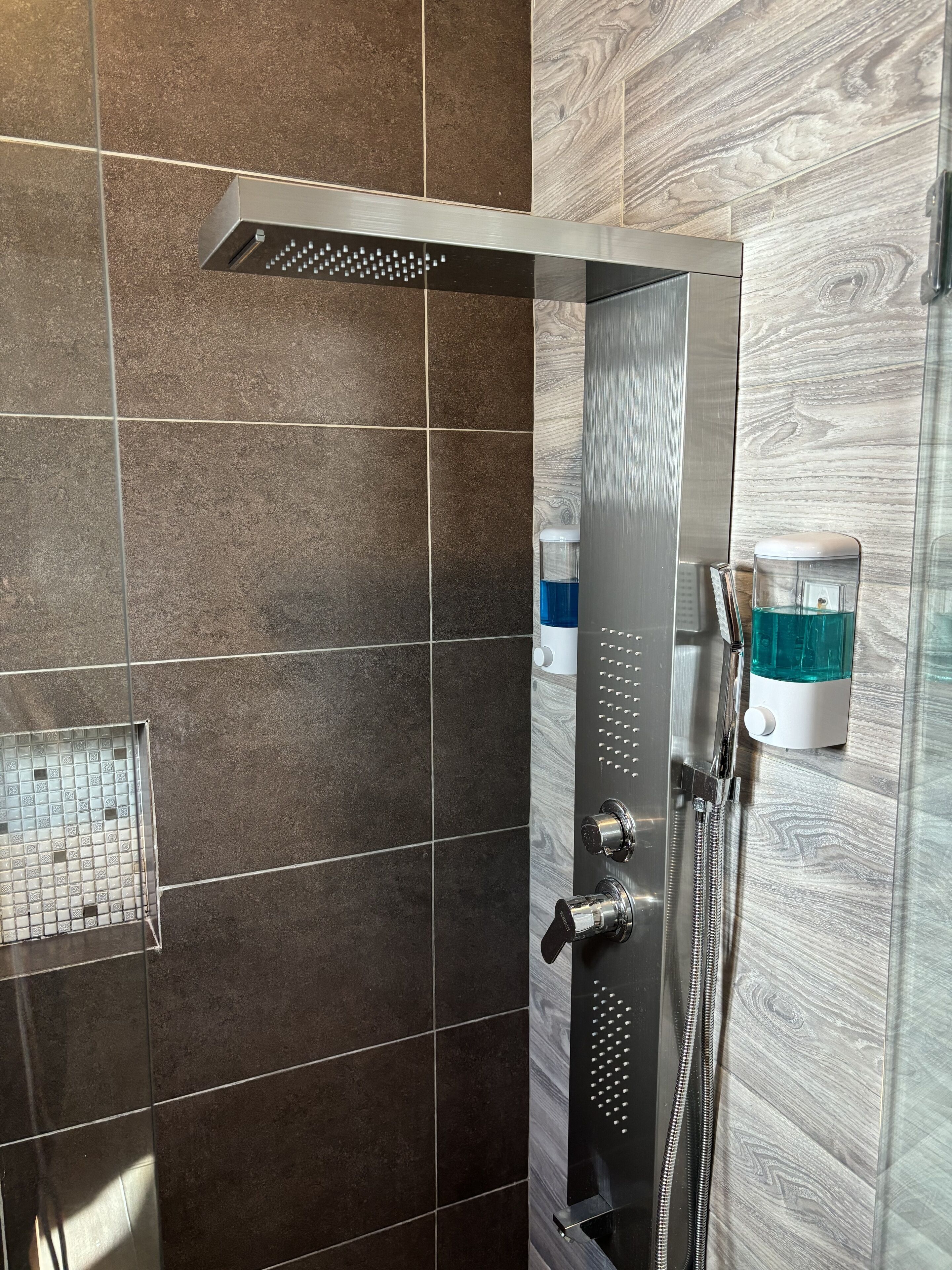 Un baño moderno con ducha de lluvia, ducha de mano y dispensador de jabón.