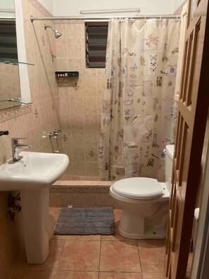 Shower, hair dryer, towels, soap