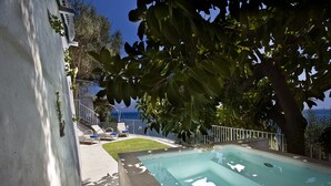 En swimmingpool med udsigt til havet, omgivet af et hvidt hegn og et træ.