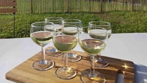 Una mesa con copas de vino sobre una tabla de madera, frente a un paisaje rural con una cerca y follaje.