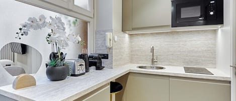Fridge, microwave, stovetop, coffee/tea maker