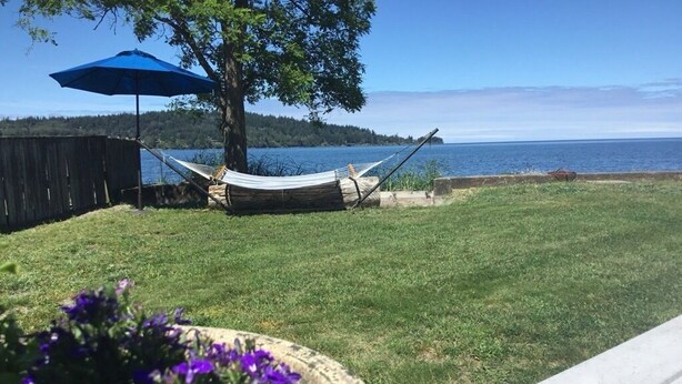 A hammock under a blue umbrella, a grassy lawn, and a body of water in the background. - Stunning beach house with pool and hot tub. Pet friendly! Great for families!  (Bellingham)