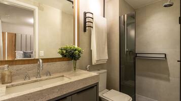 A modern bathroom with a granite countertop, a glass shower enclosure, and a toilet.