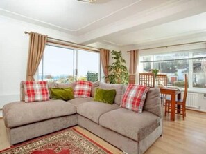 Smart TV, fireplace, books, stereo