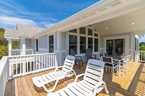 Outdoor dining - Stunning 14BR oceanside Corolla home w/ pool, hot tub, rec area w/ pub, & more! (Corolla)
