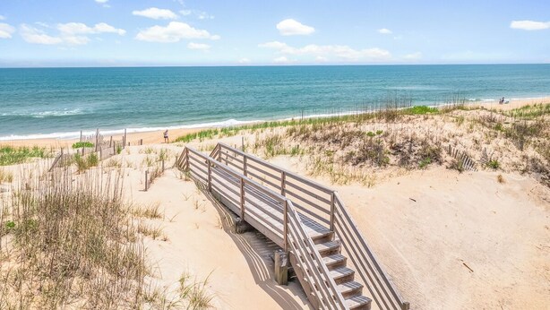 A wooden boardwalk leading to a sandy beach with the ocean in the background.