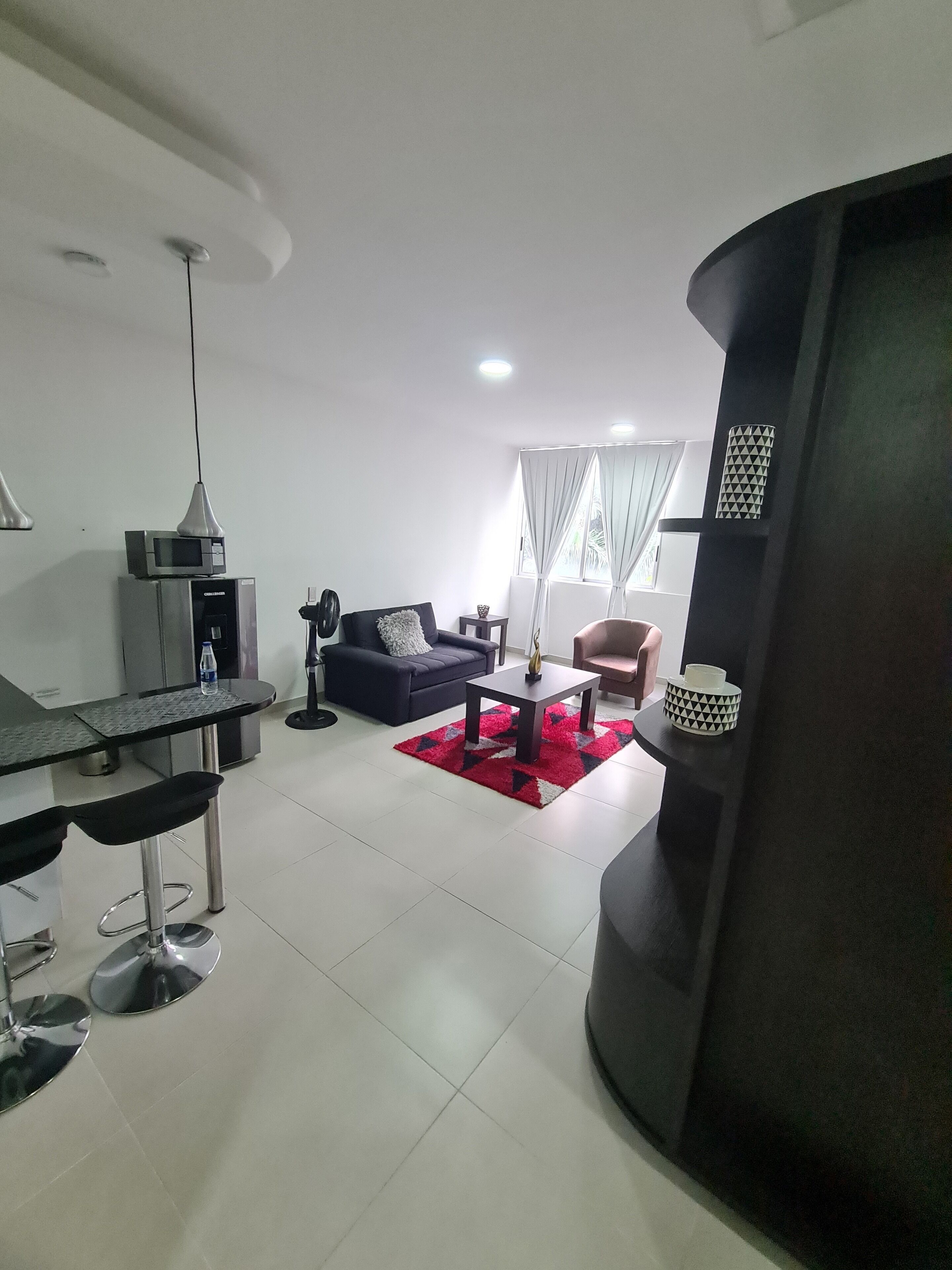 Un salon moderne avec un canapé noir, un tapis à motifs rouges et blancs, un coin repas avec un tabouret de bar et un mur d’accent noir.