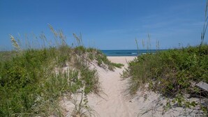 A sandy beach path leading to the ocean, surrounded by green vegetation. - Semi oceanfront home in Salvo w/ beach access just across the street! (Salvo)