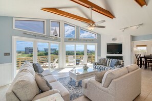 TV, fireplace, DVD player, stereo - Pet-friendly oceanside Southern Shores home w/ pool, hot tub, & elevator (Southern Shores)