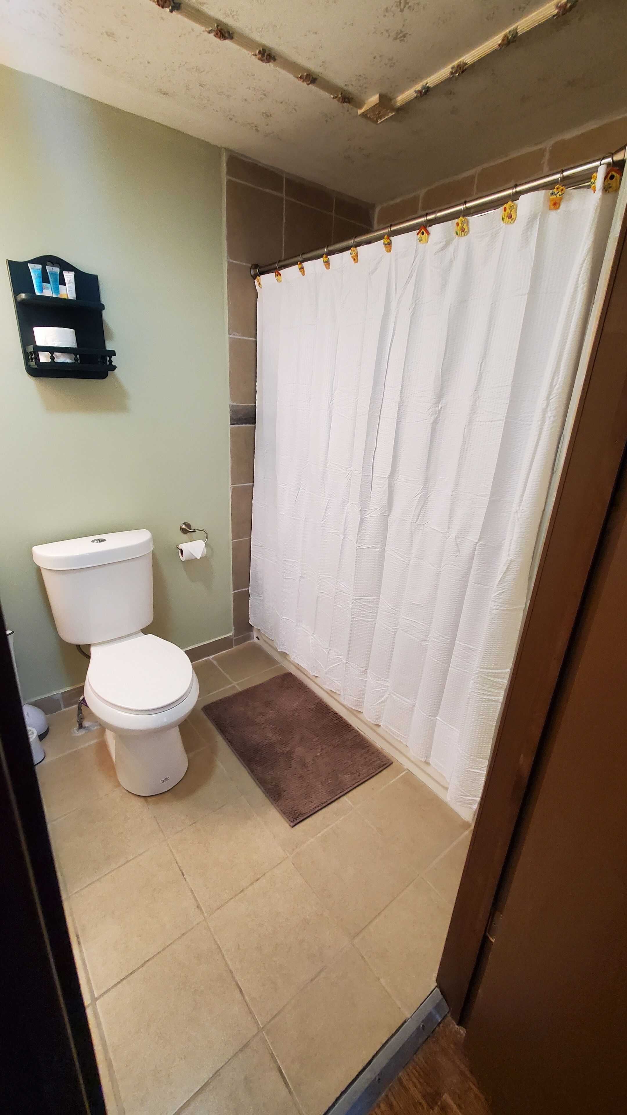 A bathroom with a toilet, a shower curtain, and a small shelf with toiletries.