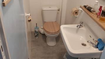 Een douche, een haardroger, zeep, shampoo