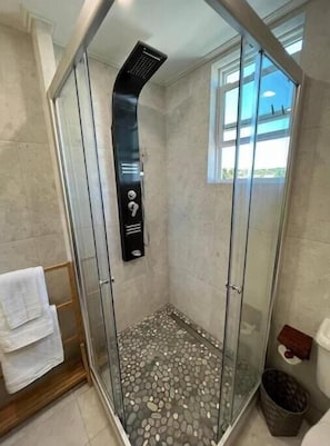 Hair dryer, towels, soap, shampoo