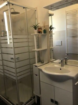 Shower, hair dryer, bidet, towels