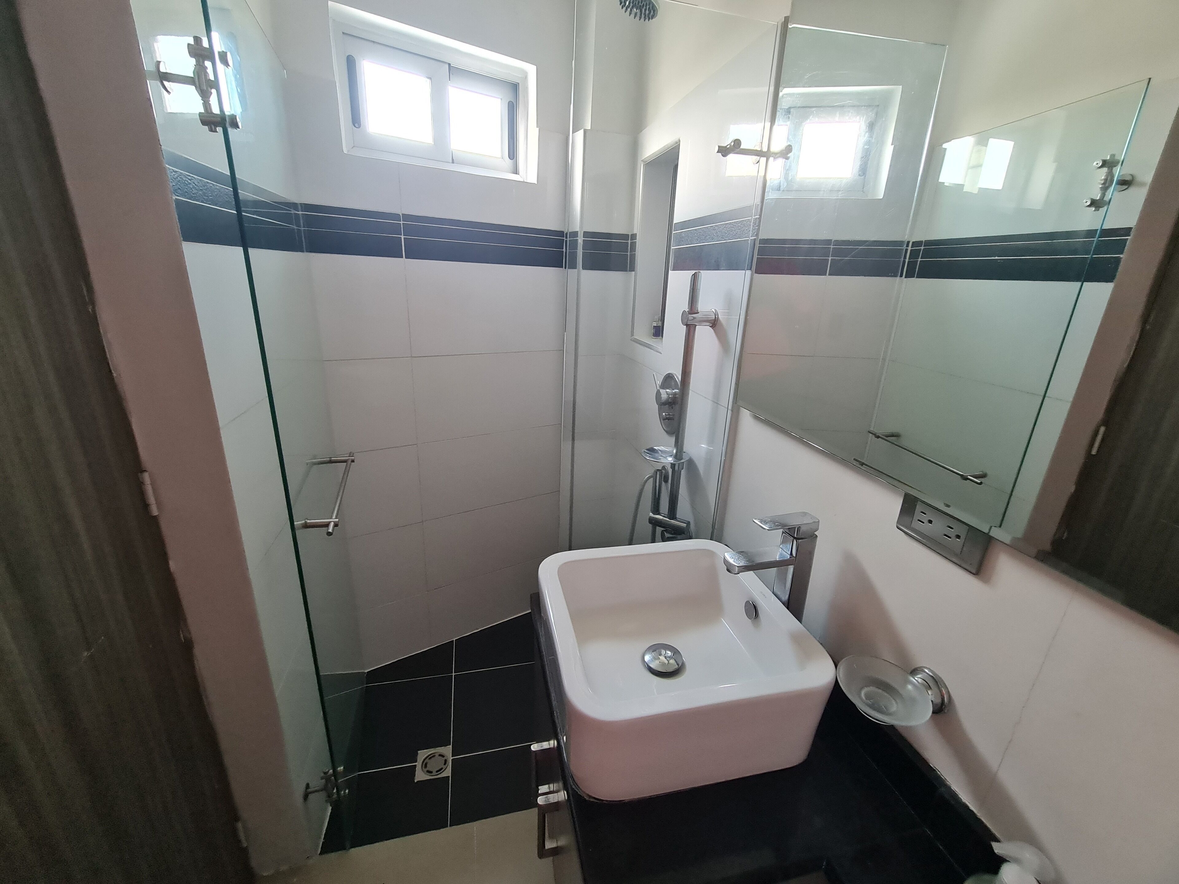 Une salle de bain avec une douche à parois de verre, un lavabo blanc et un grand miroir.