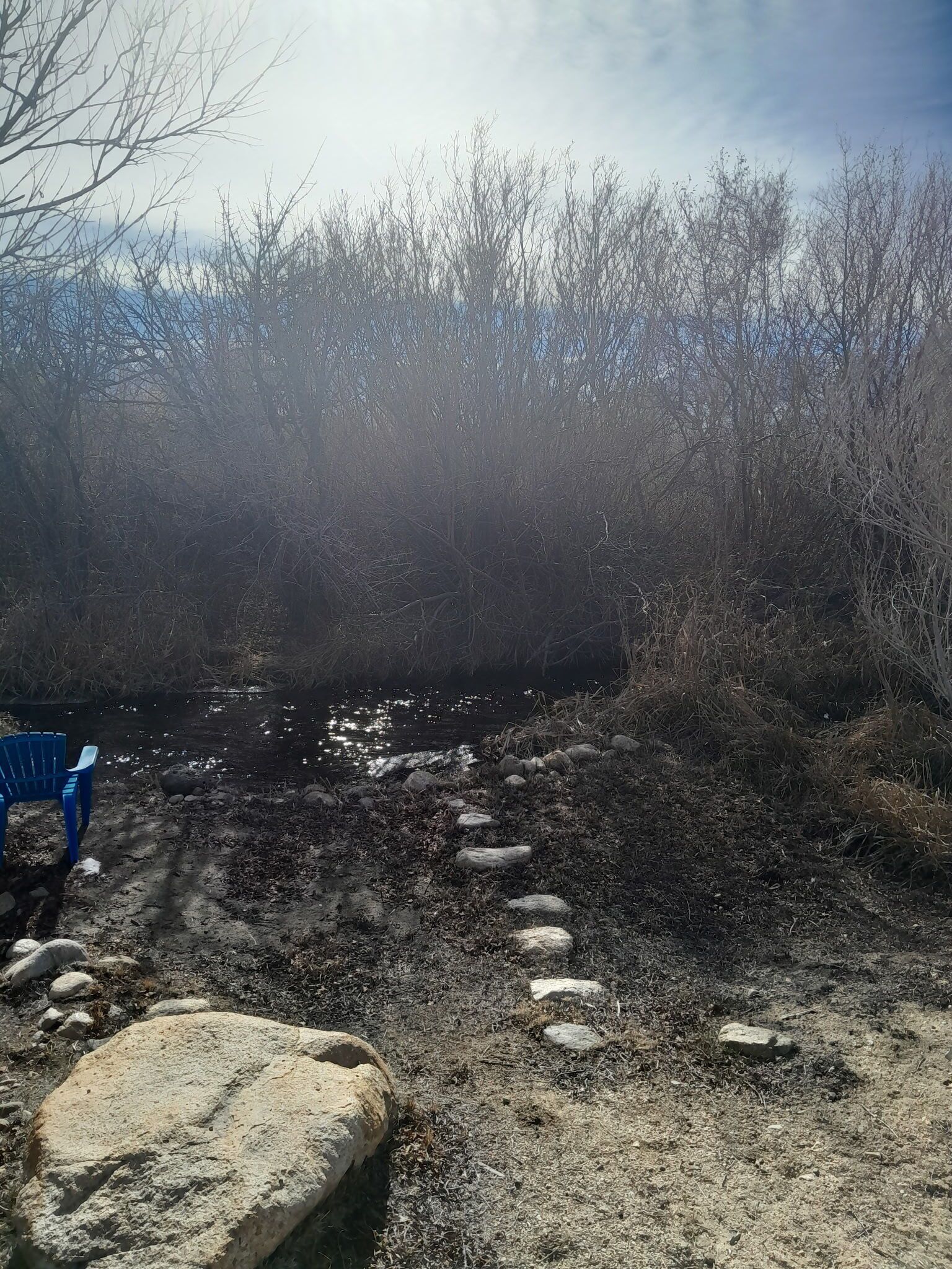 Un environnement naturel en plein air, avec un sentier de terre, des rochers et une végétation clairsemée.