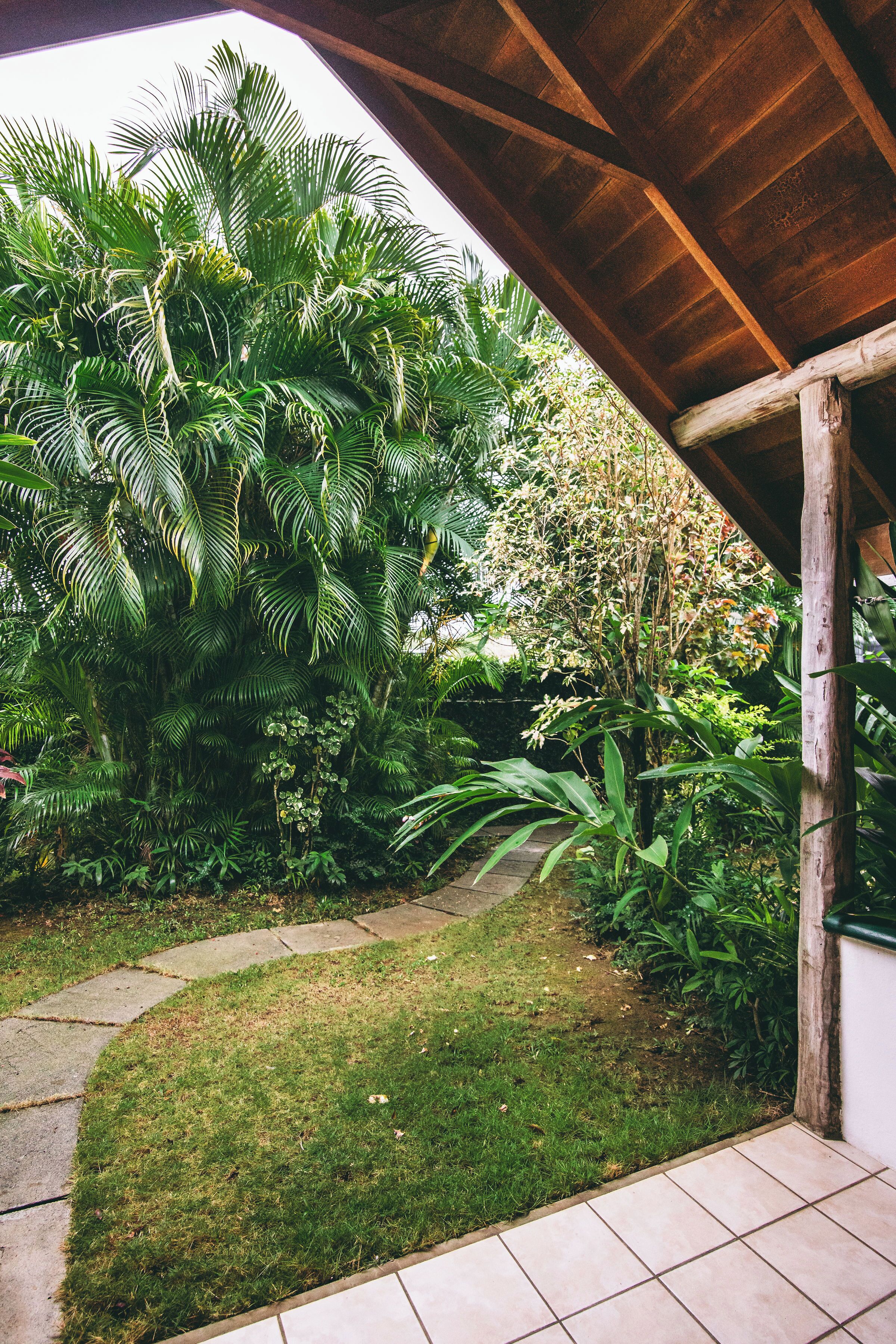A covered outdoor area with a concrete path leading to a grassy area surrounded by lush tropical plants.