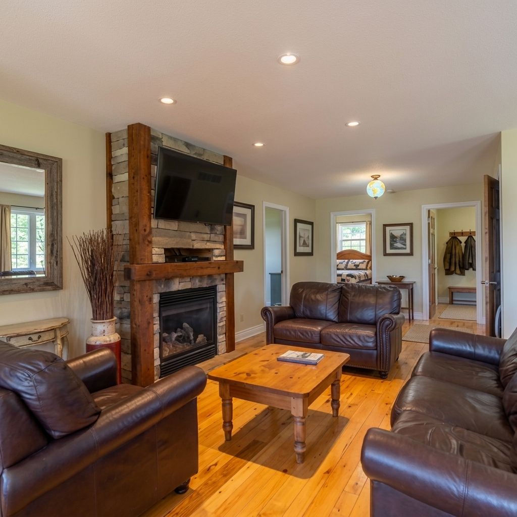 Una sala de estar con chimenea, sofás de cuero y televisor.