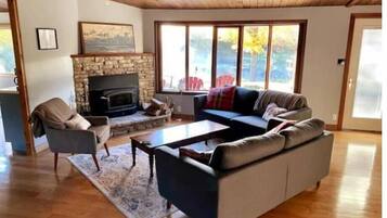 TV connectée, cheminée, lecteur de DVD, table de tennis de table