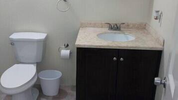 Shower, towels, soap, toilet paper