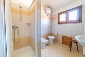 Shower, hair dryer, bidet, towels