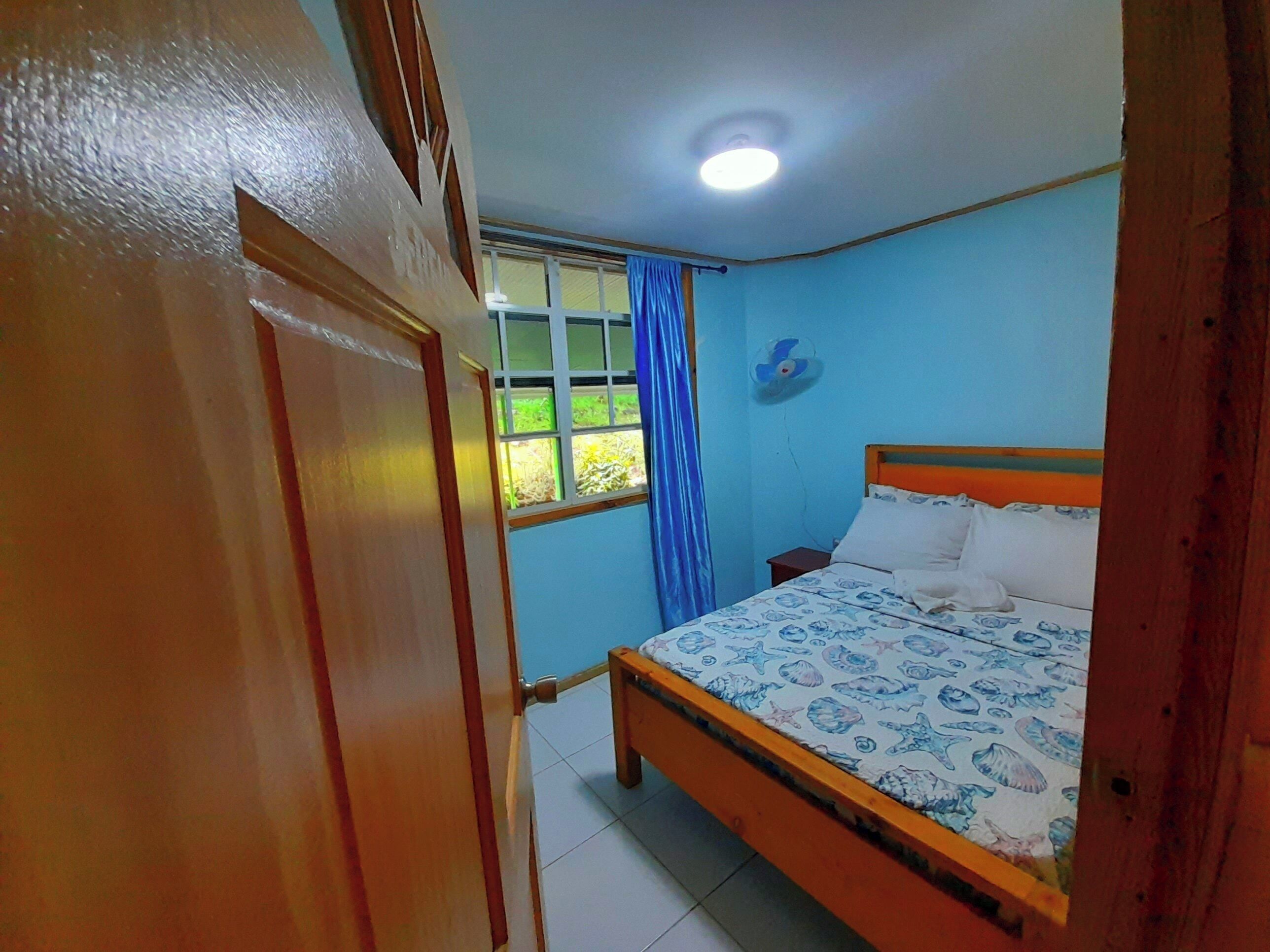 A bedroom with a bed, a window with curtains, a ceiling fan, and a door.