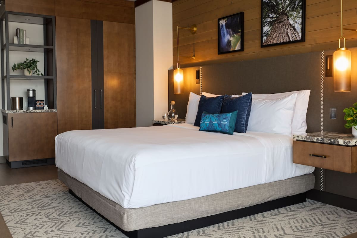 Un dormitorio moderno con una cama grande, cabecera de madera, mesitas de noche y una estantería empotrada con plantas.