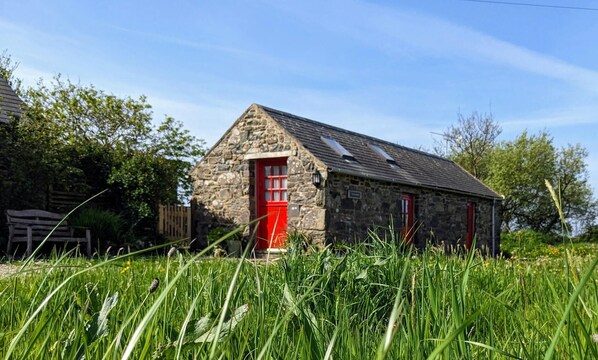 Un edificio de piedra con una puerta roja y ventanas, rodeado de hierba alta y árboles.