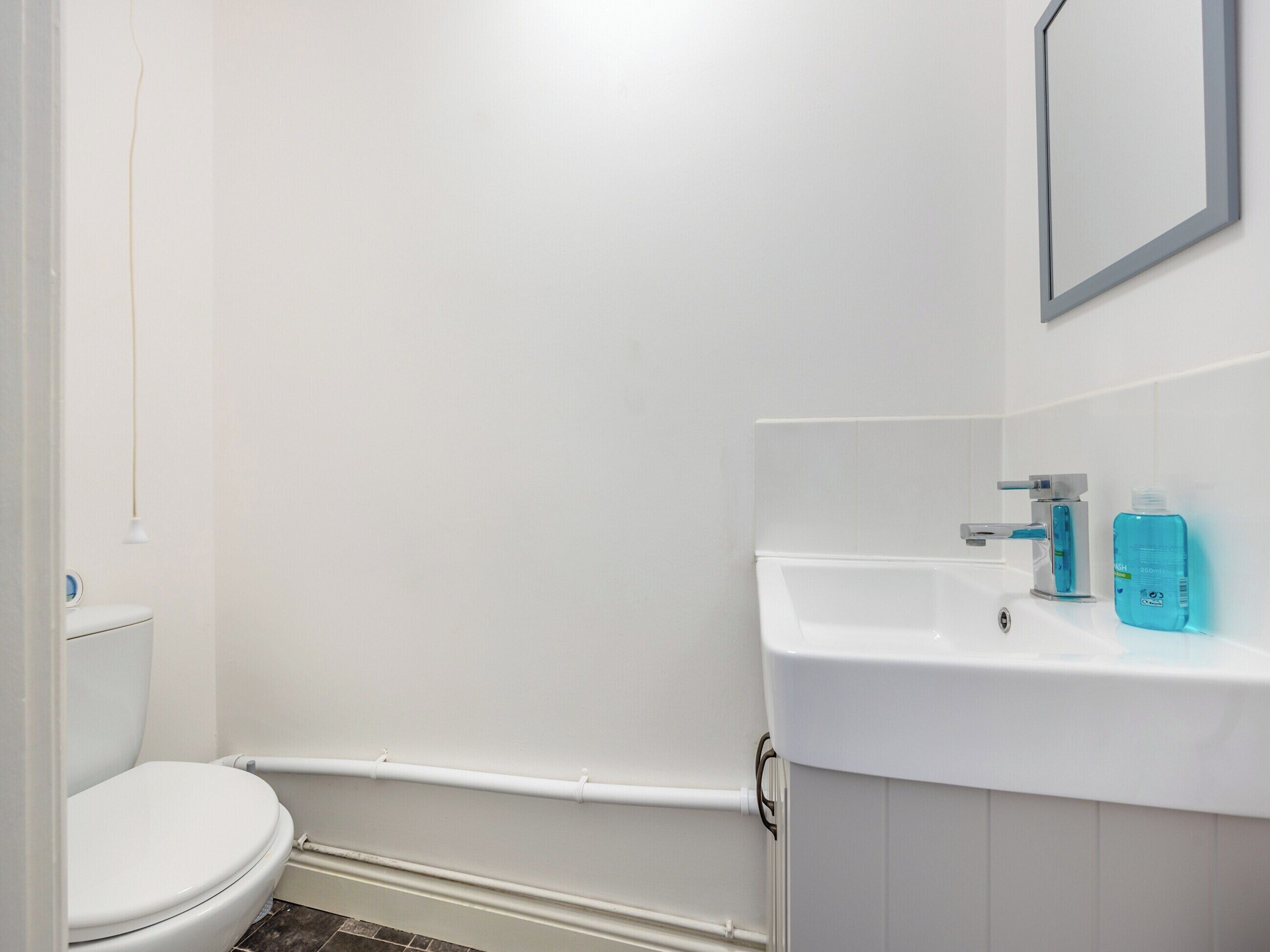 A bathroom with a toilet, a sink, and a mirror.