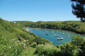 A coastal landscape with a harbor filled with boats, surrounded by lush greenery and hills.
