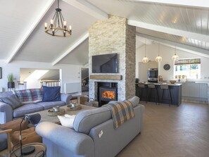 Fernseher, Kamin, DVD-Player, Bücher