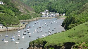 Un pueblo costero con un puerto lleno de barcos, rodeado de exuberantes colinas verdes.
