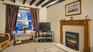 A cozy living room with a fireplace, a television on a stand, a window with curtains, and a framed picture on the wall.