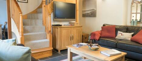 Una televisión, una chimenea, un reproductor de DVD