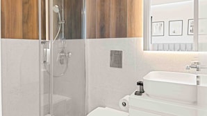 Une salle de bain moderne avec une douche à parois de verre, un lavabo blanc et un miroir au-dessus du lavabo.