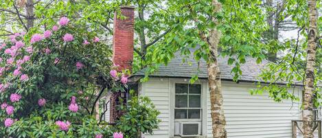A small house with a brick chimney, surrounded by lush greenery and flowering bushes.