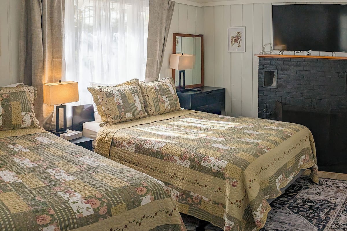 A bedroom with two beds, a television, a fireplace, and a window with curtains.