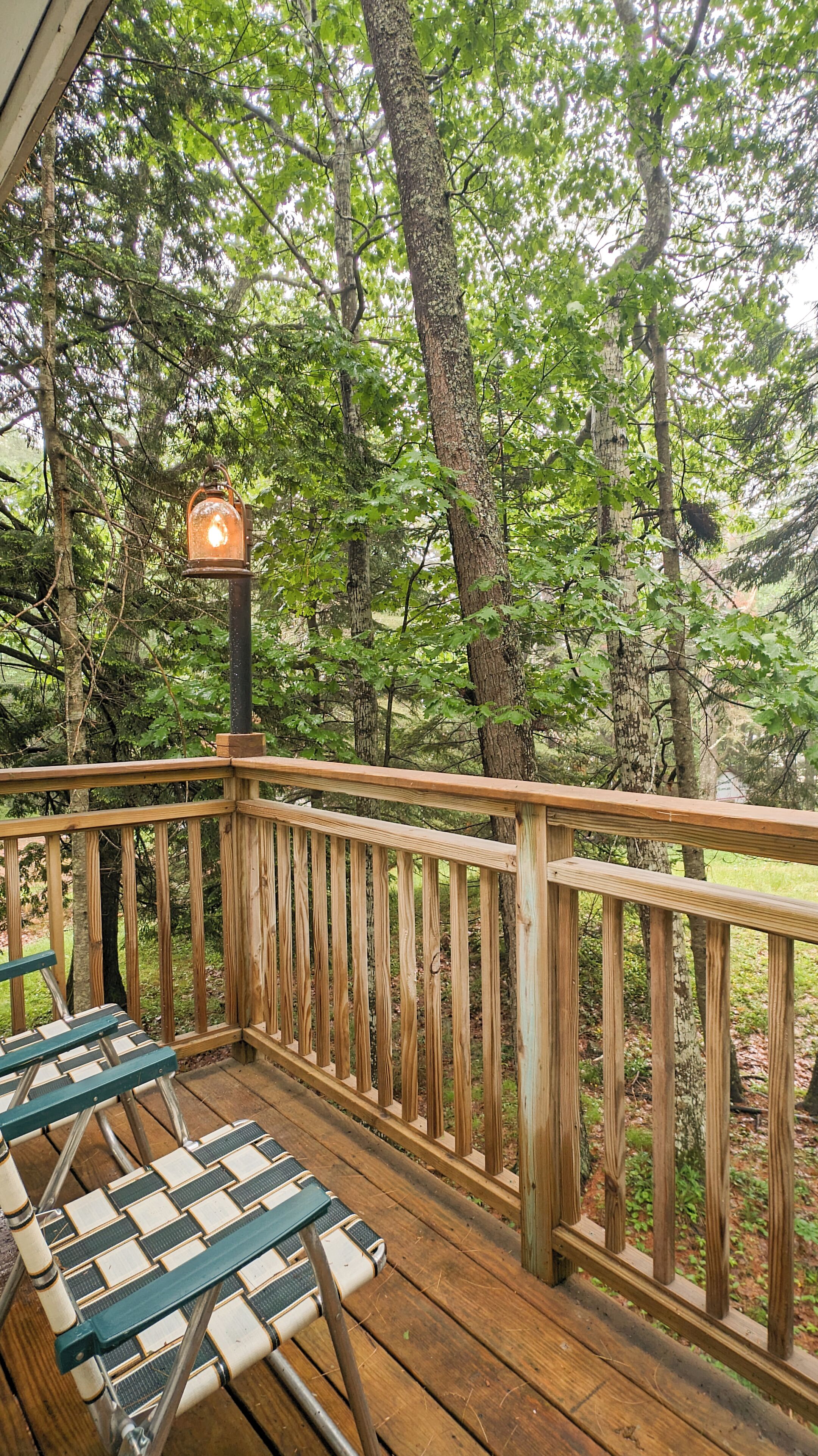 A wooden deck with a railing, surrounded by trees.